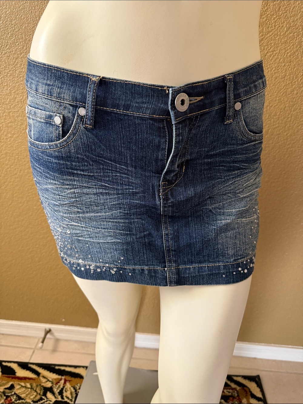 Vanilla Star Dark Blue Denim Mini Skirt with Embellished Hem